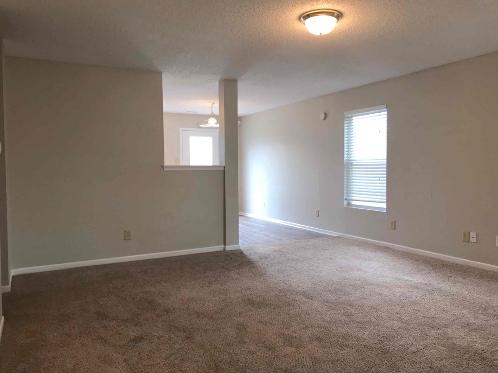 an empty living room with carpet and a window