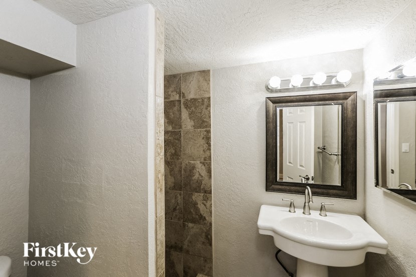 a bathroom with a sink and a mirror