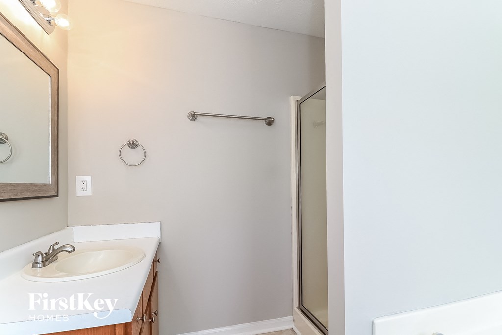 a bathroom with a sink and a shower and a mirror