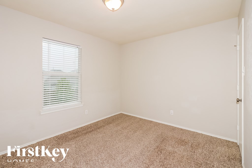 A carpeted room with a window and a door.