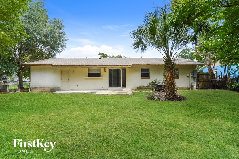 A house with a lawn and a palm tree in front.