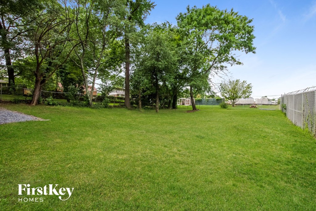 a large yard with trees and a fence
