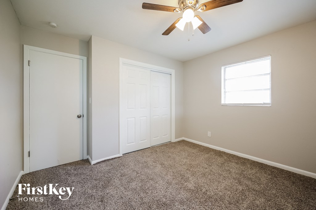 A room with a carpeted floor, a ceiling fan, and two doors.
