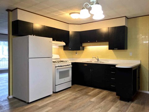 a kitchen with black cabinets and white appliances and a refrigerator