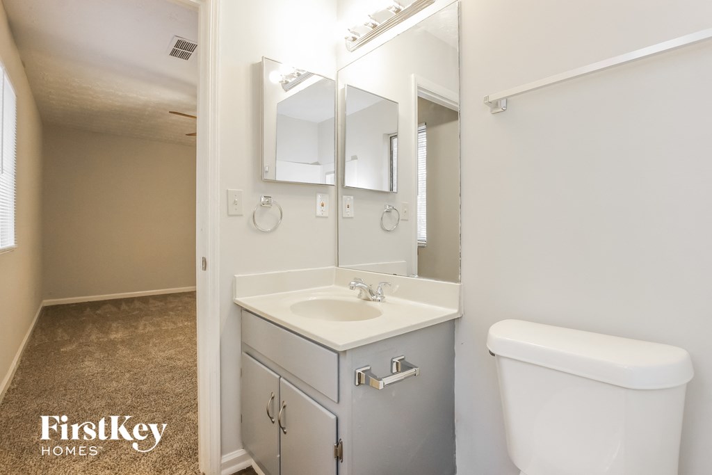 a bathroom with a sink and a mirror and a toilet