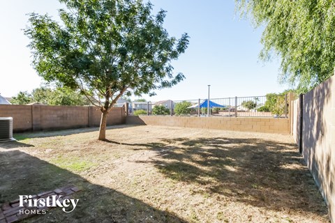a backyard with a tree and a fence and a playground