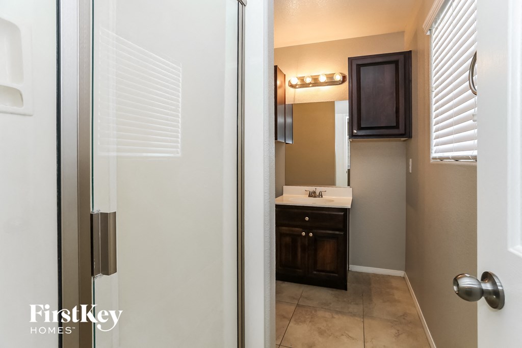 a bathroom with a sink and a mirror and a shower