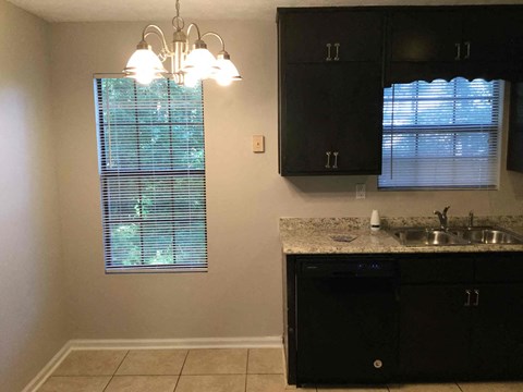 A kitchen with black cabinets and a granite countertop.