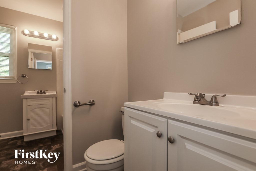 a bathroom with a sink and a toilet and a mirror