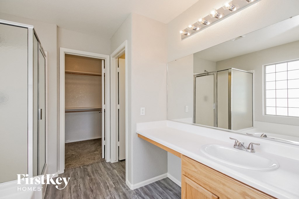 a bathroom with a sink and a mirror and a closet