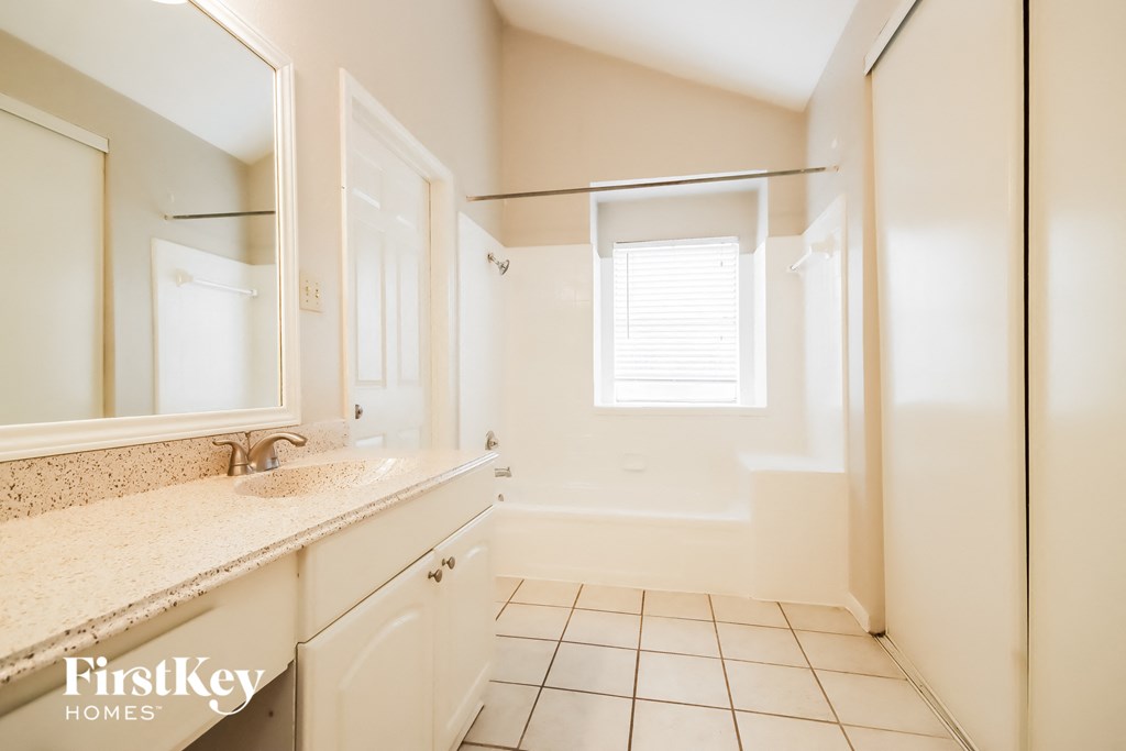 a bathroom with a sink and a mirror and a shower