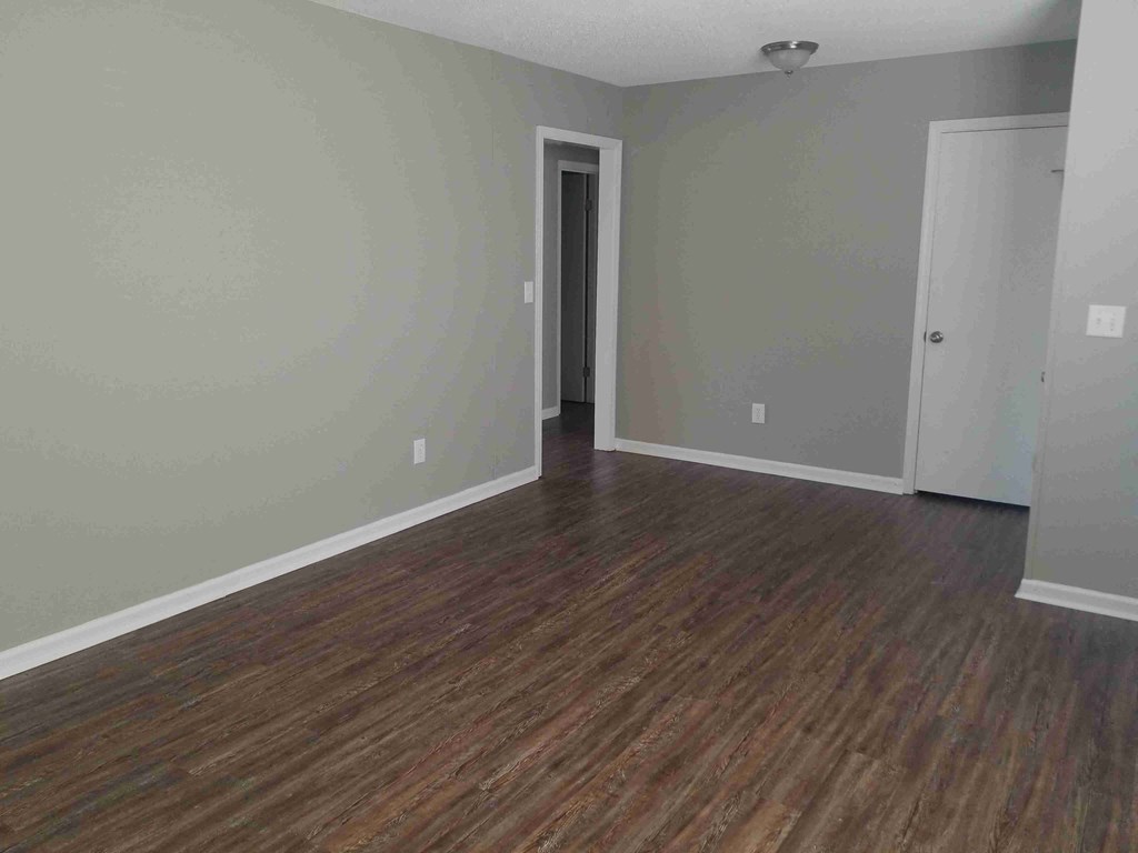 A room with a wooden floor and a door.