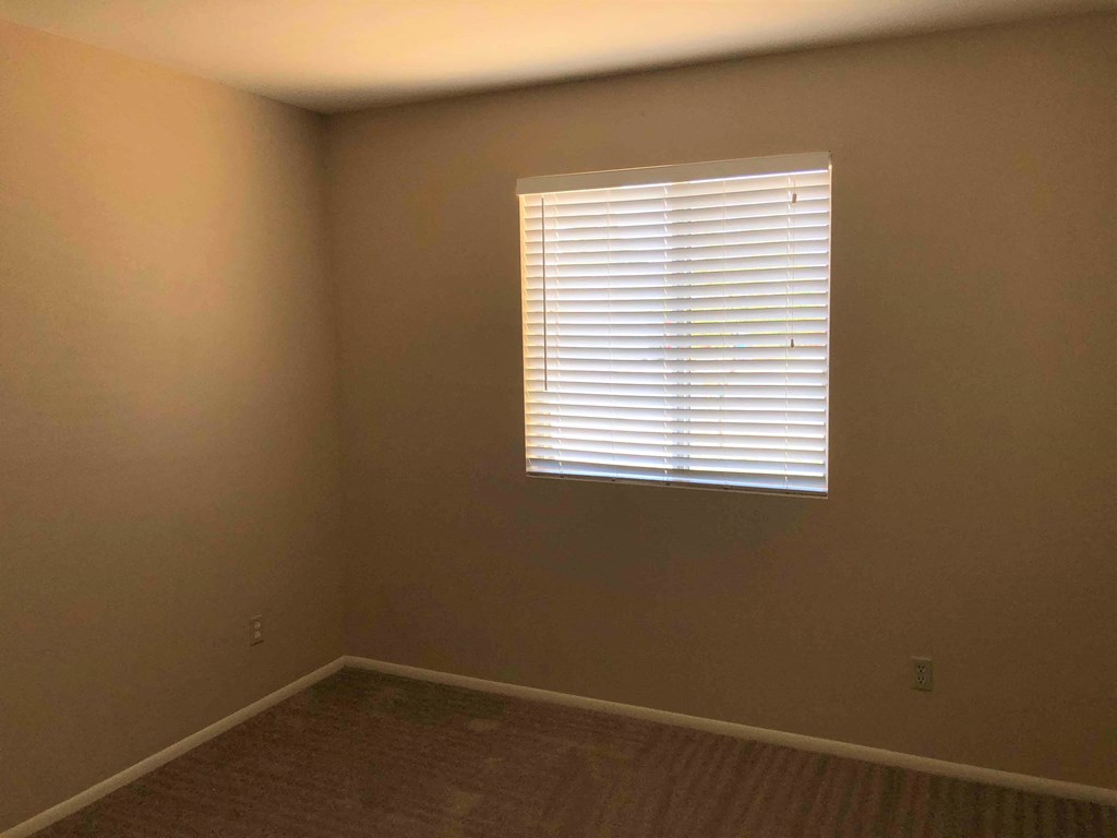 a room with a window and a carpet
