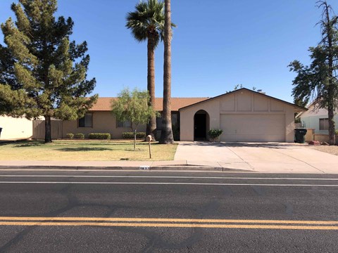 a house on the side of a street with palm trees