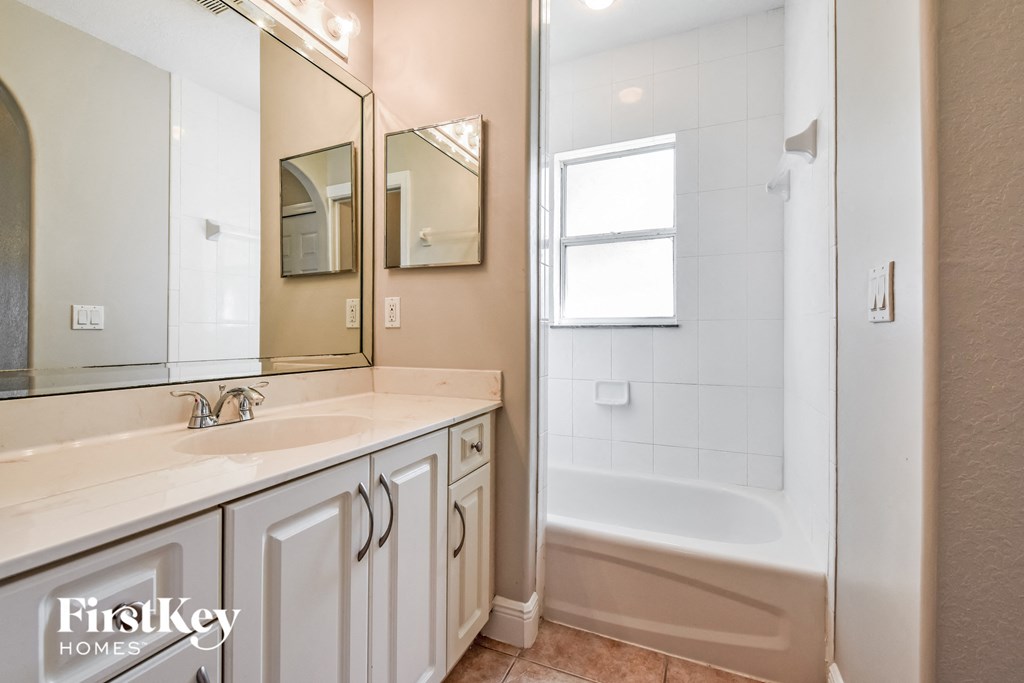 a bathroom with a sink and a shower and a mirror