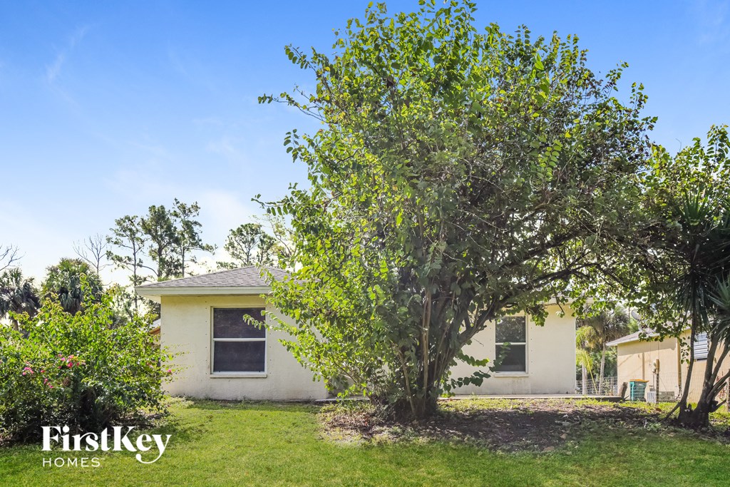 a small white house with a tree in front of it