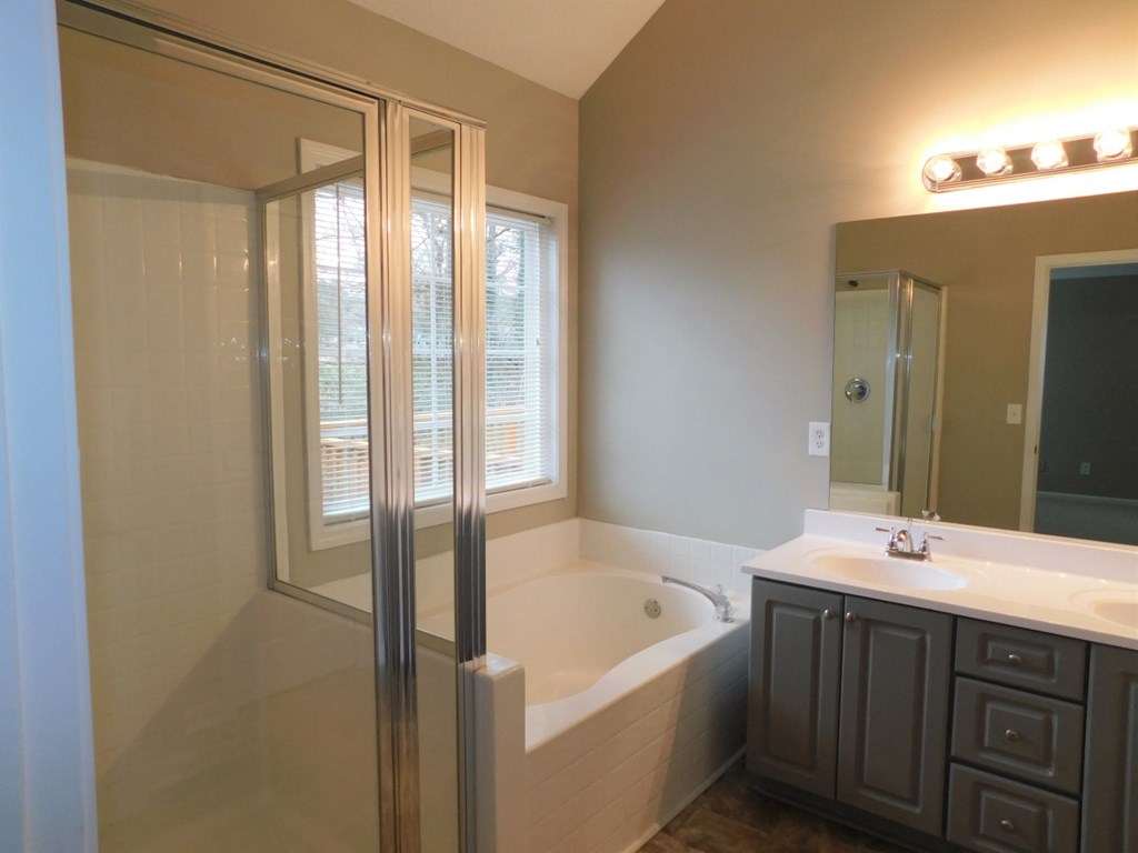 a bathroom with a tub and a sink and a shower