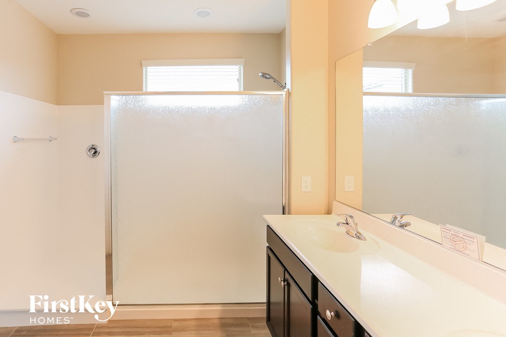 a bathroom with a sink and a shower and a mirror