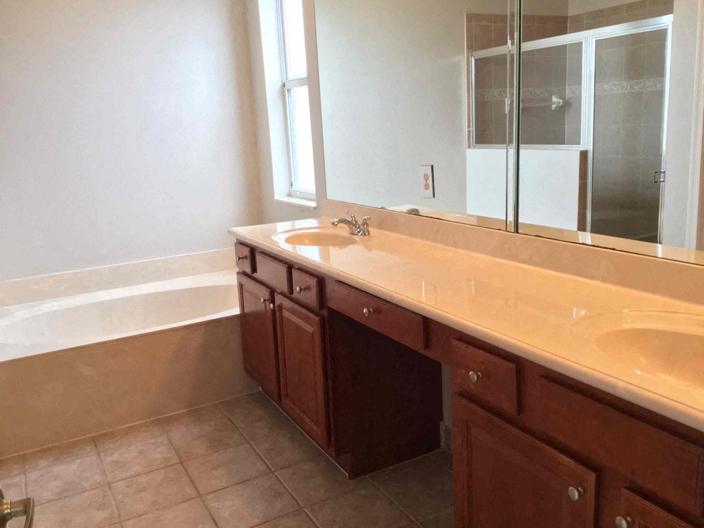 a bathroom with a sink and a shower and a mirror