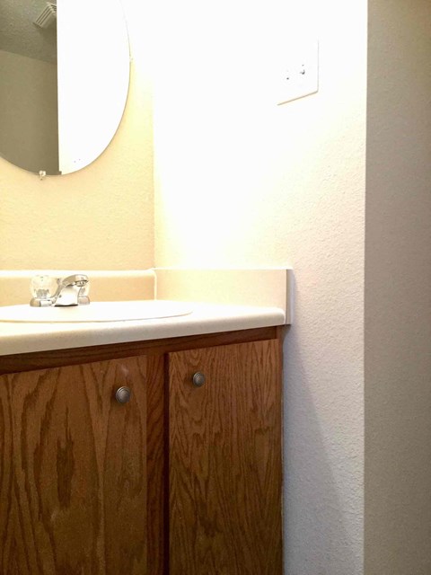 A bathroom with a sink and a mirror.