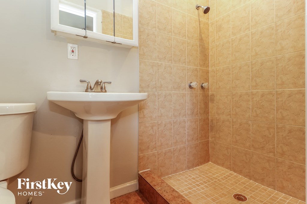 a bathroom with a sink and a shower and a mirror