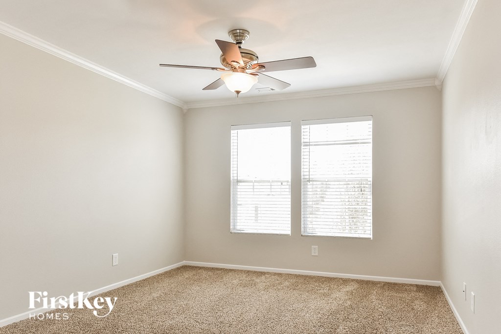 a bedroom with a ceiling fan and two windows