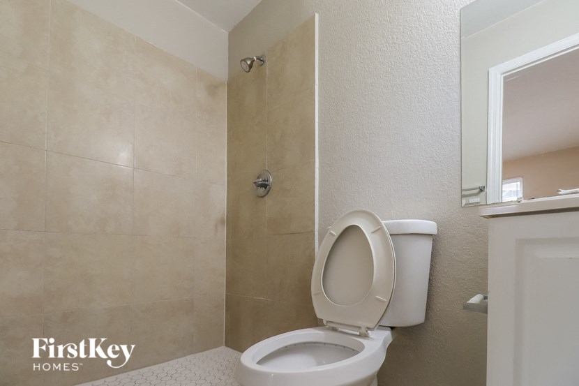a bathroom with a toilet and a shower and a mirror