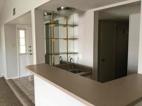 a kitchen with a sink and a mirror