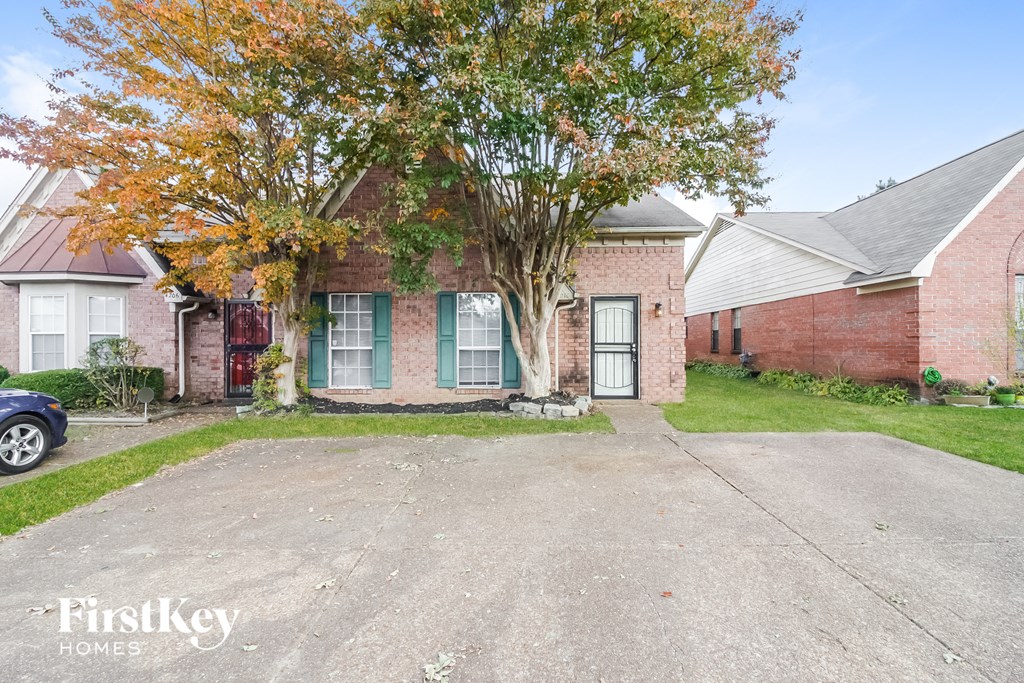 A tree with orange leaves is in front of a brick house.