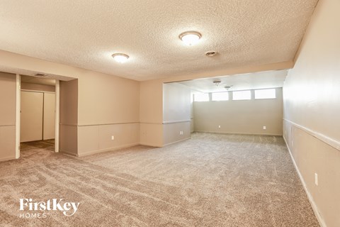 a spacious living room with carpet and a closet
