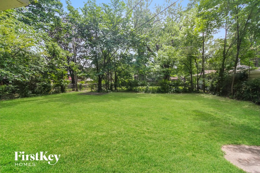 a backyard with green grass and trees