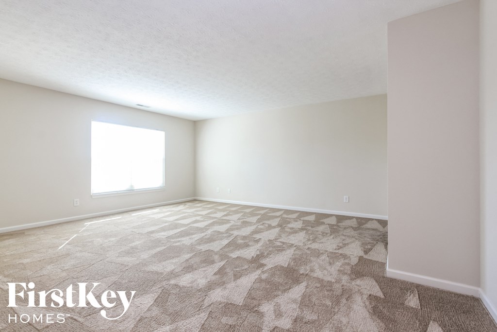 A room with a carpeted floor and a window letting in sunlight.