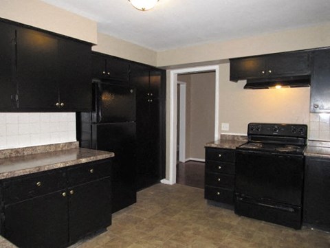 A kitchen with black cabinets and appliances.