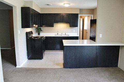 a kitchen with black cabinets and a white counter top