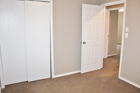 a bedroom with a closet and a white door