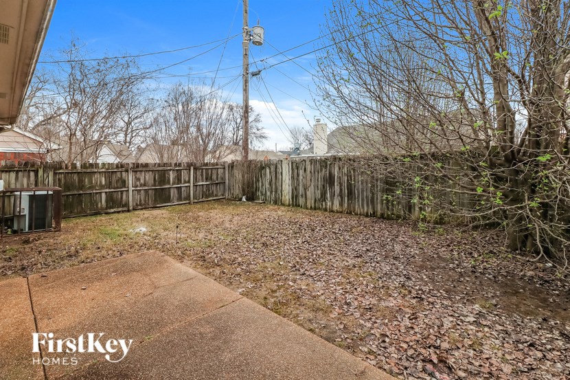 A backyard with a wooden fence and a gravel path.