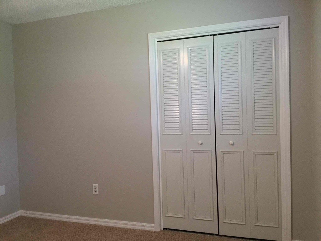 a room with two closets and a carpet