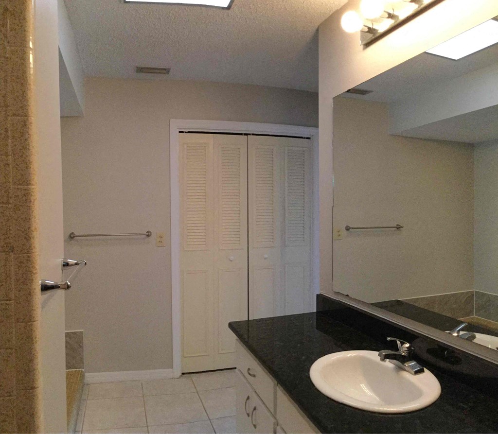 a bathroom with a sink and a mirror and a closet