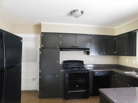 A kitchen with black appliances and cabinets.