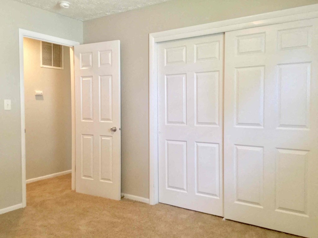 a bedroom with two closets and a door to a closet