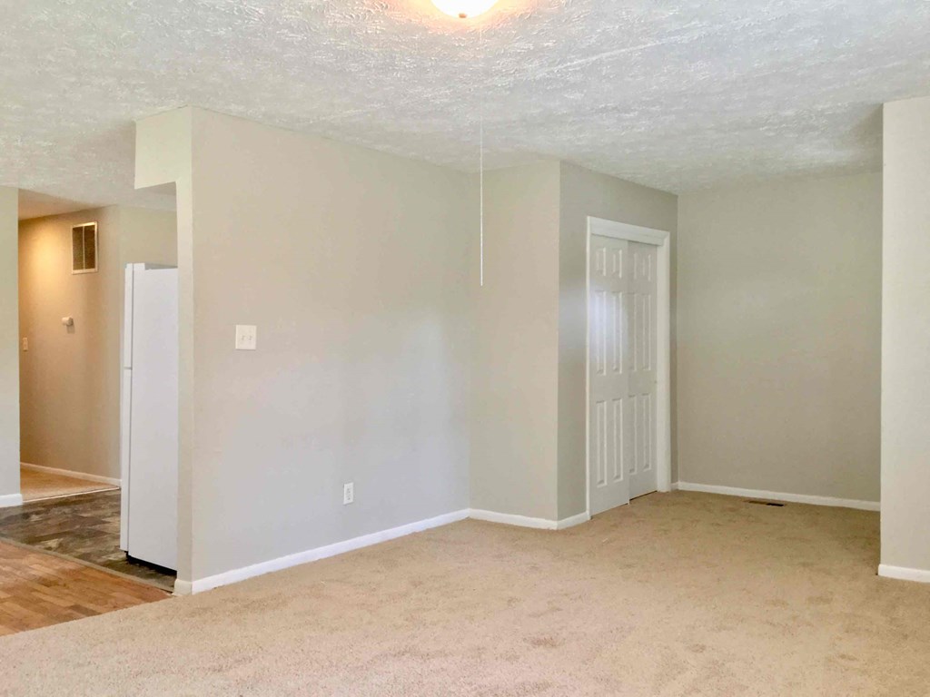 an empty living room with a door to a closet