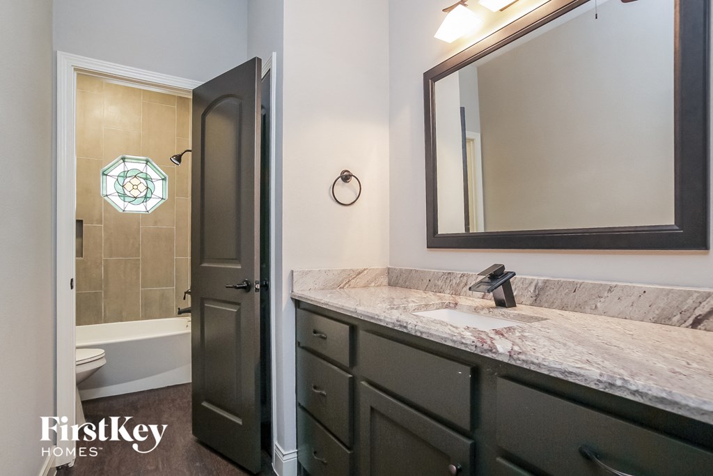 a bathroom with a sink and a mirror and a shower