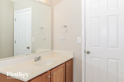 A bathroom with a sink, mirror, and a white door.