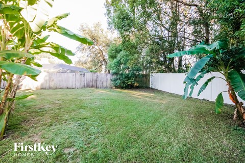 a backyard with green grass and a white fence