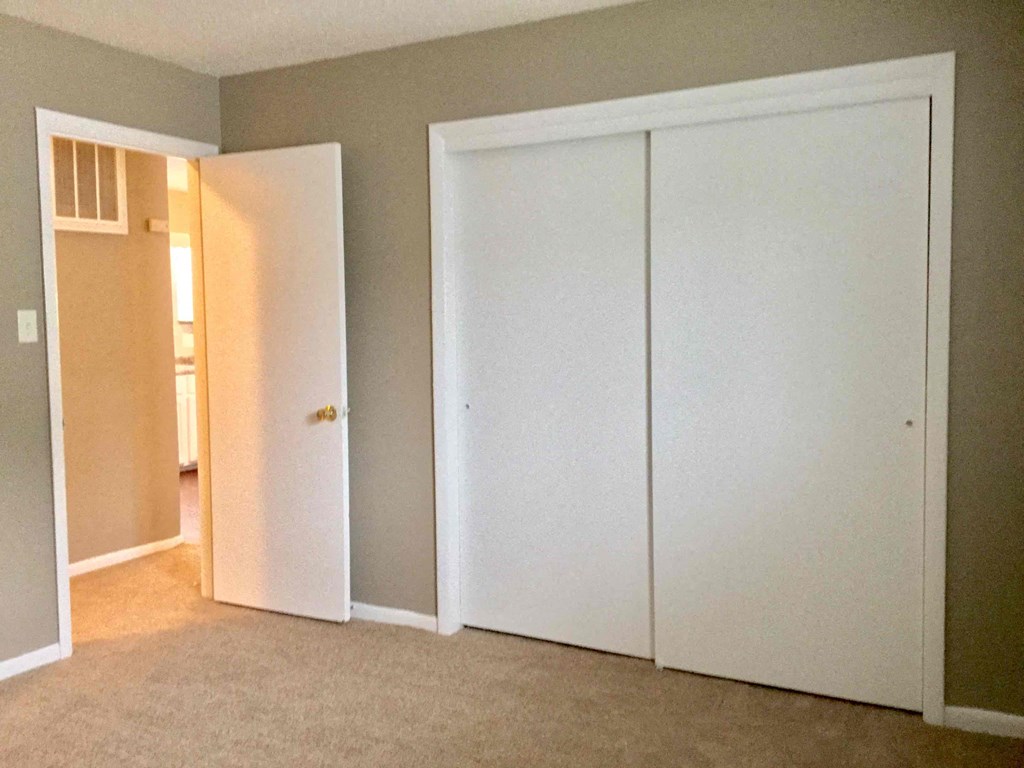 A room with a white door and a white closet.