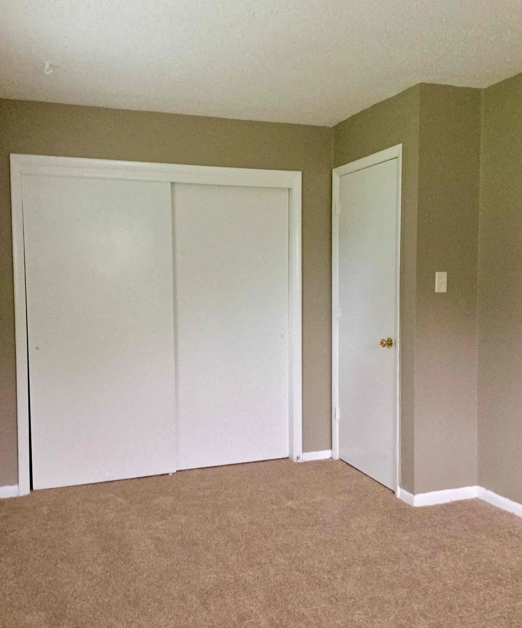 A room with two white closet doors and a carpeted floor.