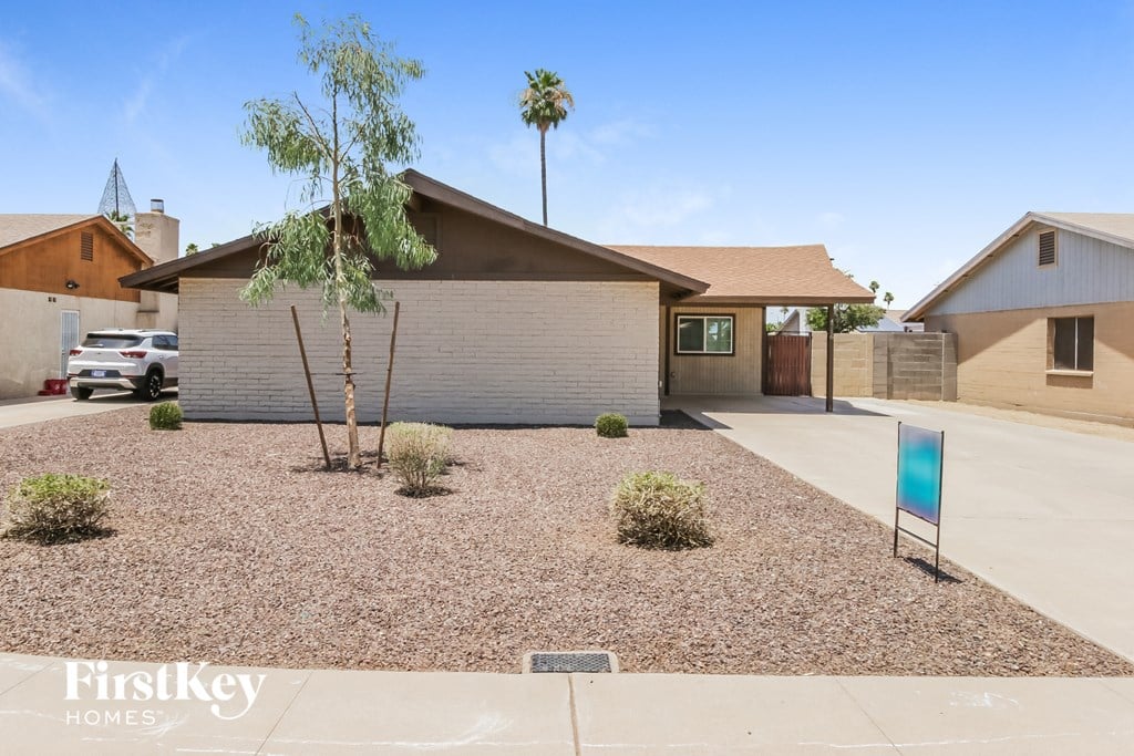 a white brick house with a gravel driveway and a palm tree