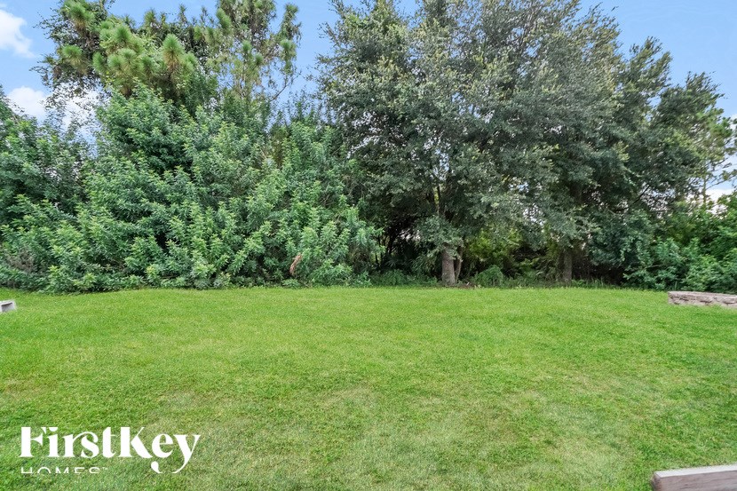 A lush green lawn with trees in the background and a bench on the left side.