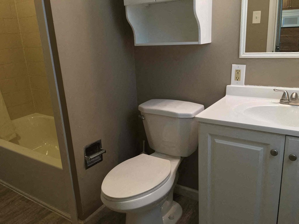 A white toilet in a bathroom with a white sink cabinet.
