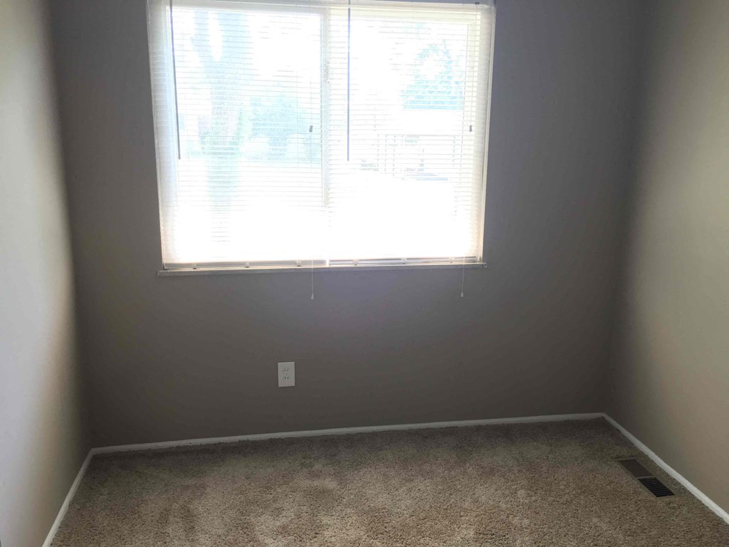 A room with a window and a carpeted floor.